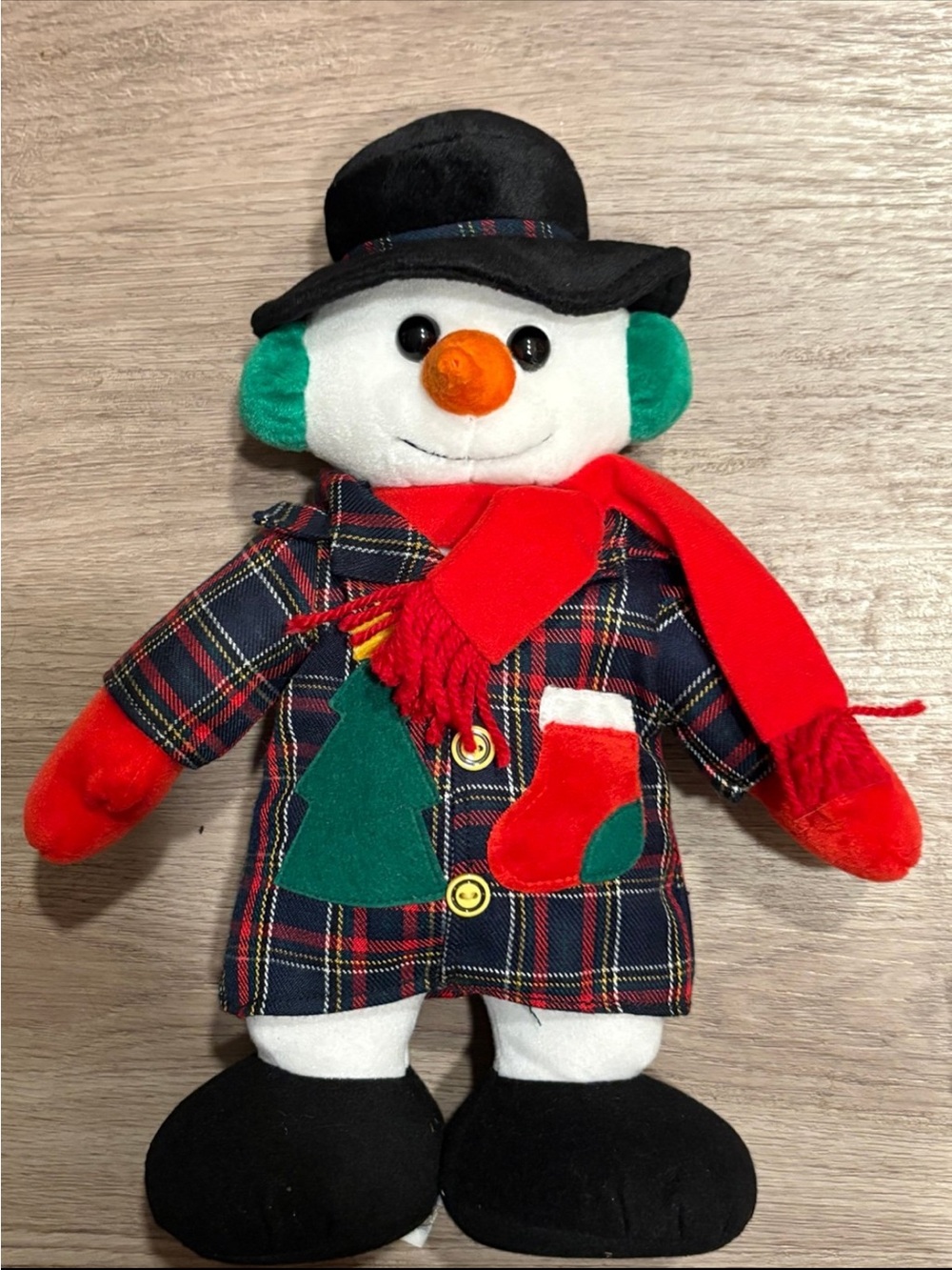 Vintage Snowman Christmas Plush Figure Plaid Coat Holiday Decor Winter